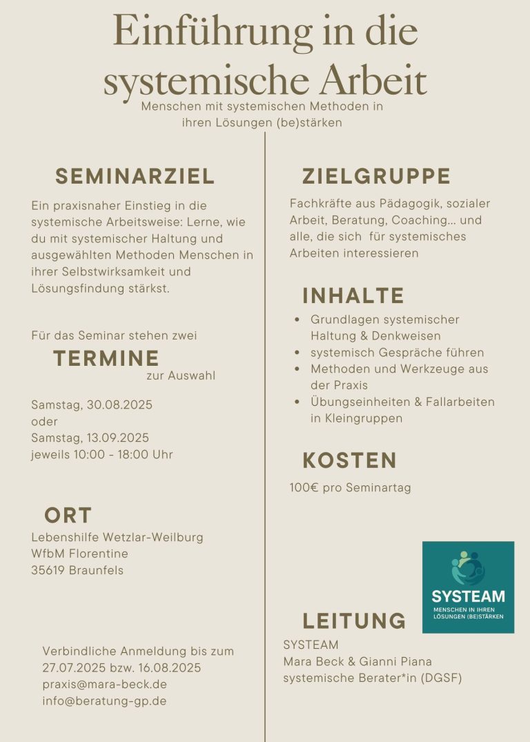 Seminar für systemische Beratung und Einstieg in die systemische Arbeit für alle